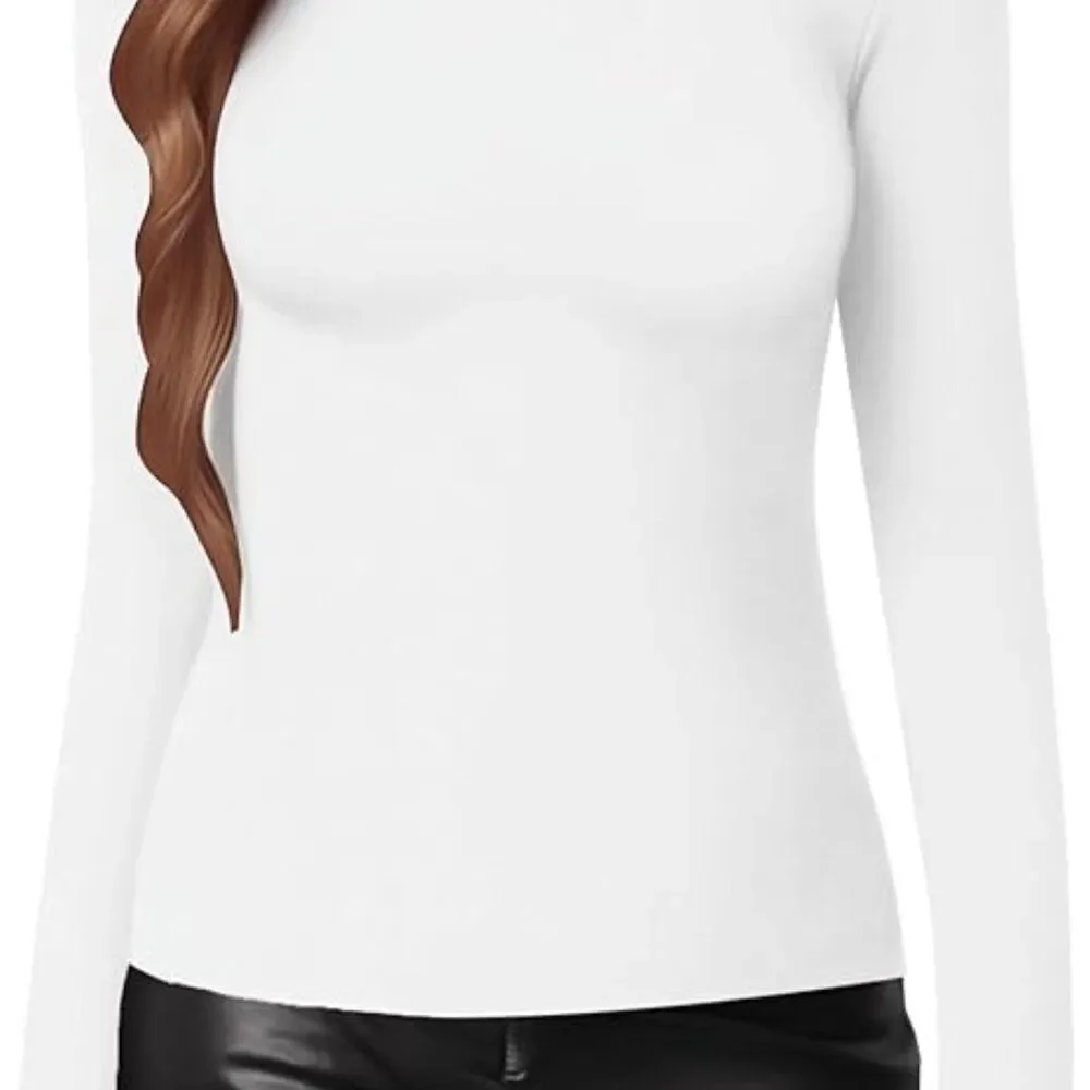 Women's Mock Turtle Neck Slim Fit Long Sleeve T Shirt Tight Tops Tee White